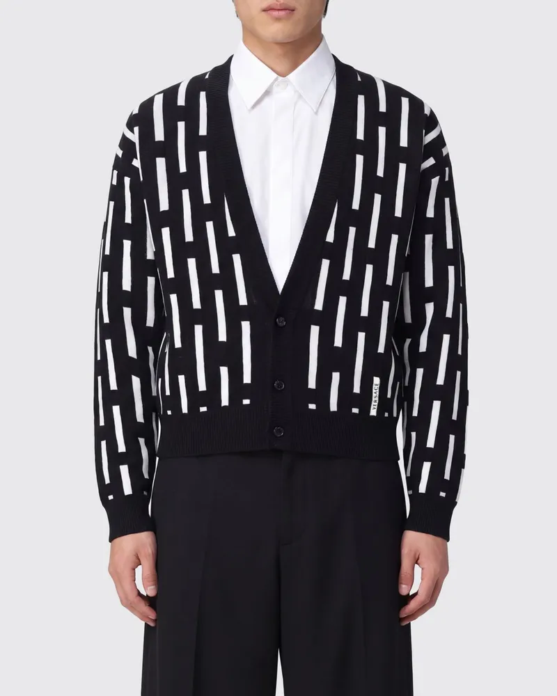 Versace Woll-Cardigan mit abstraktem Allover-Muster und V-Ausschnitt Schwarz