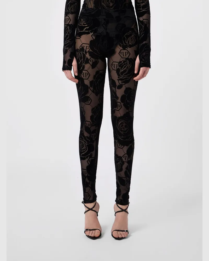Philipp Plein High-Waist Skinny Leggings mit floralem Monogramm-Print Schwarz