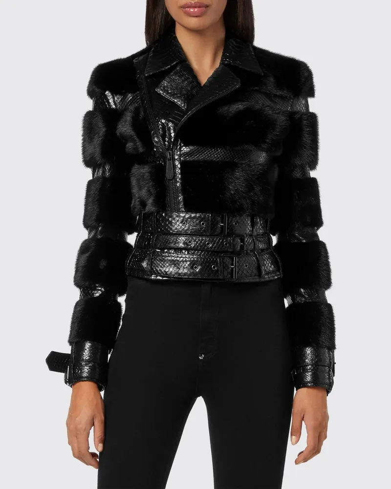 Philipp Plein Bikerjacke aus Schlangenleder mit Nerzdetails von Schwarz