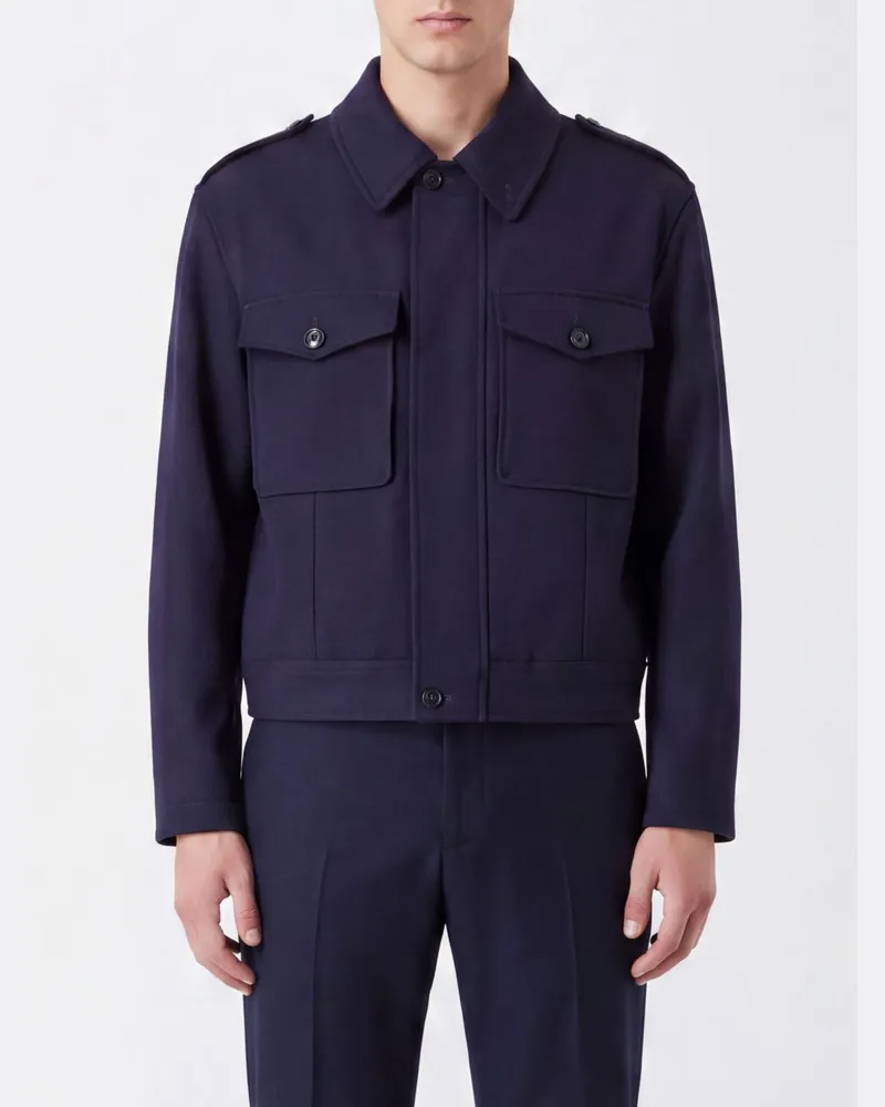 Emporio Armani Einreihiger Kurzmantel aus Schurwolle mit Schulterklappen Blau