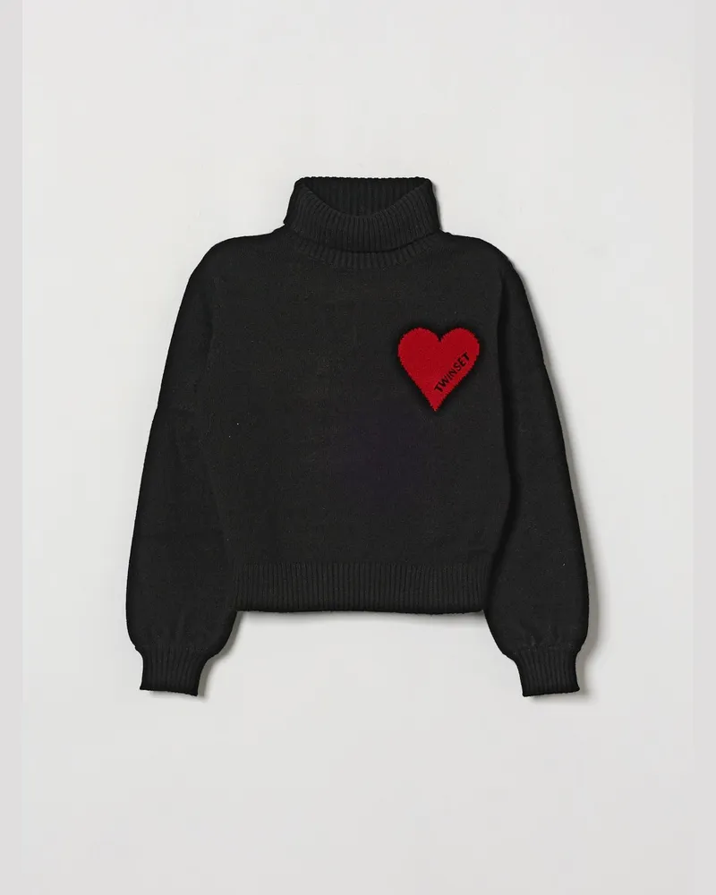 Twin-Set Rollkragenpullover für Mädchen mit Herz-Print und Jacquard-Logo Schwarz
