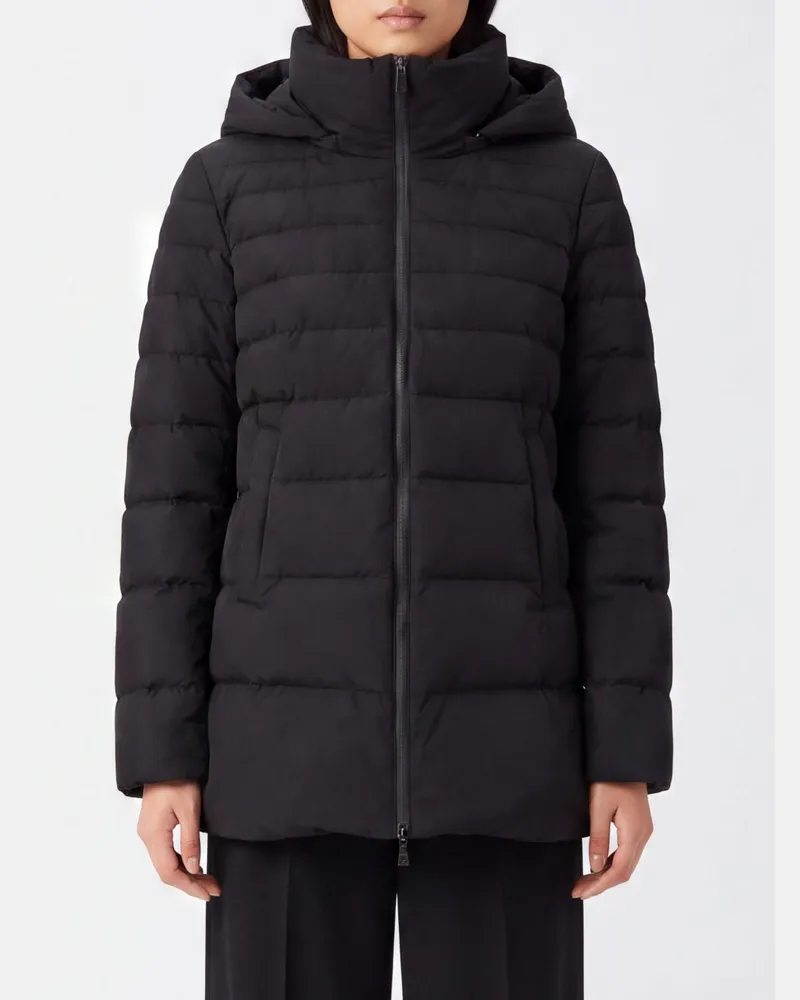 Herno Knielange Stepp-Daunenjacke aus Nylon mit abnehmbarer Kapuze Schwarz