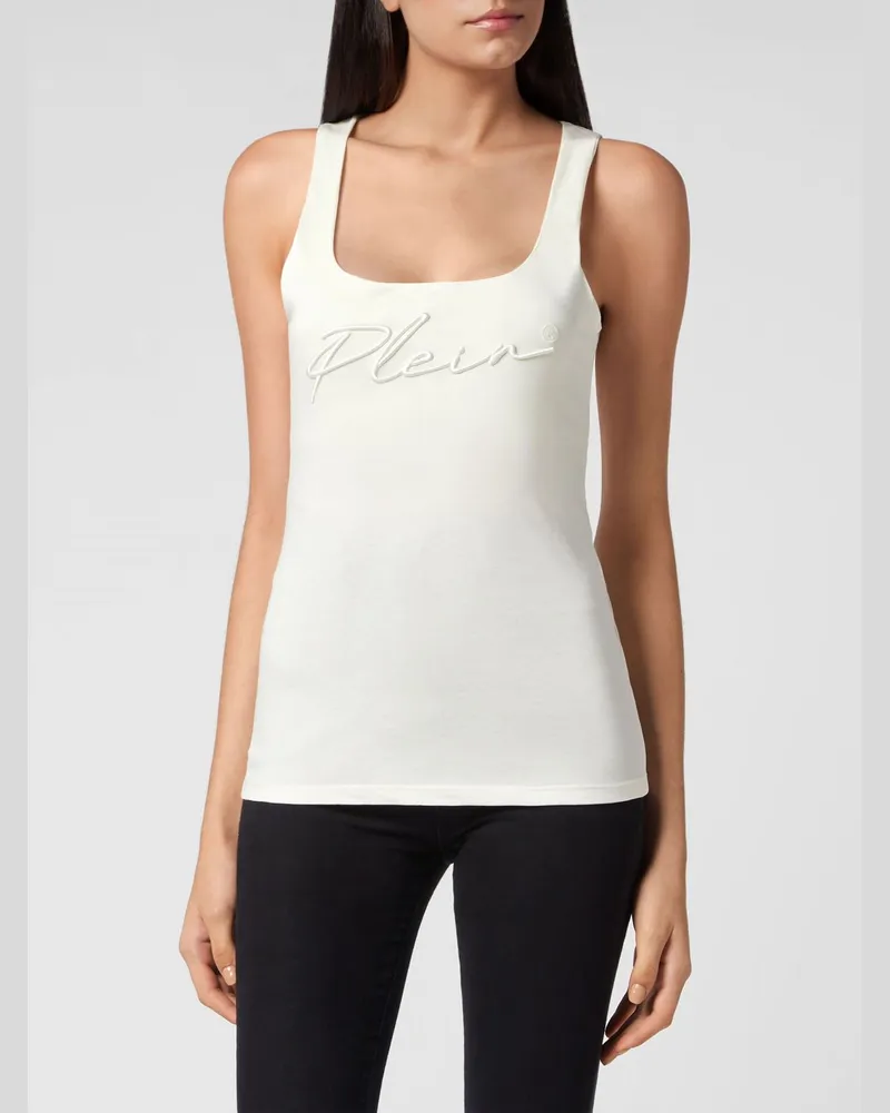 Philipp Plein Slim Fit Jersey-Top von mit quadratischem Ausschnitt und gesticktem Logo Ivory