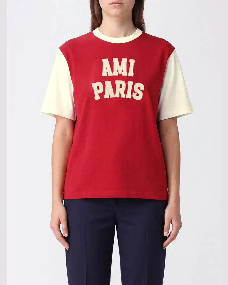 AMI Paris Rundhals-T-Shirt aus Baumwolle mit Kontrast-Logo Rot