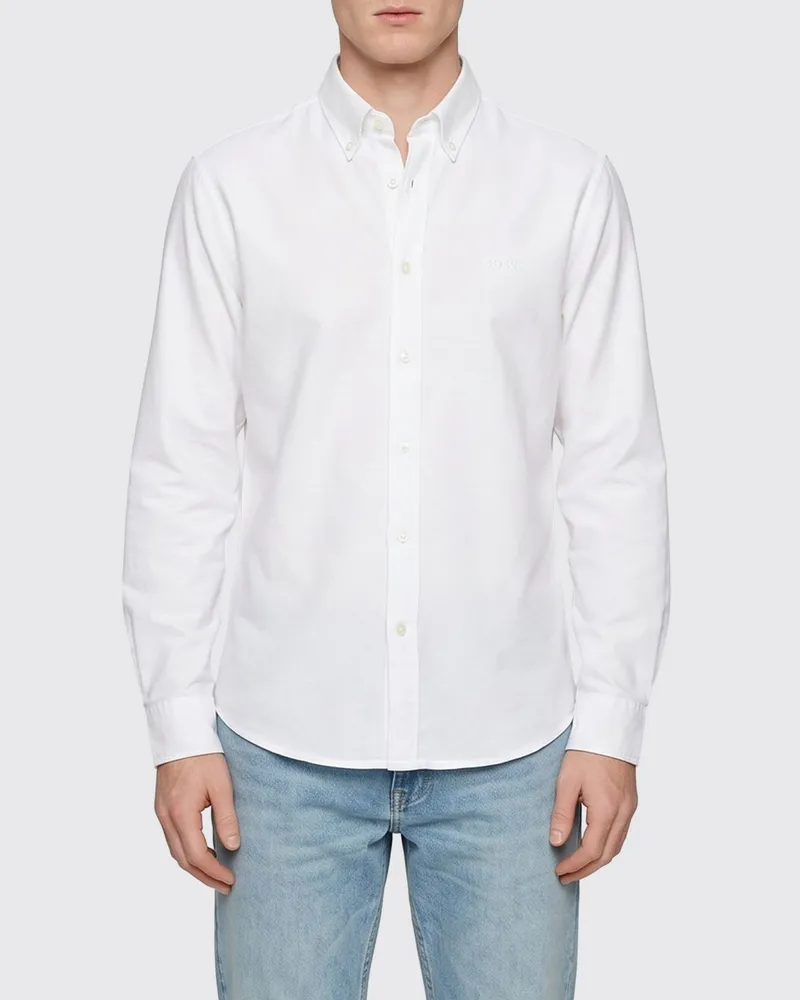HUGO BOSS Langärmeliges Baumwollhemd mit Button-Down-Kragen Weiß