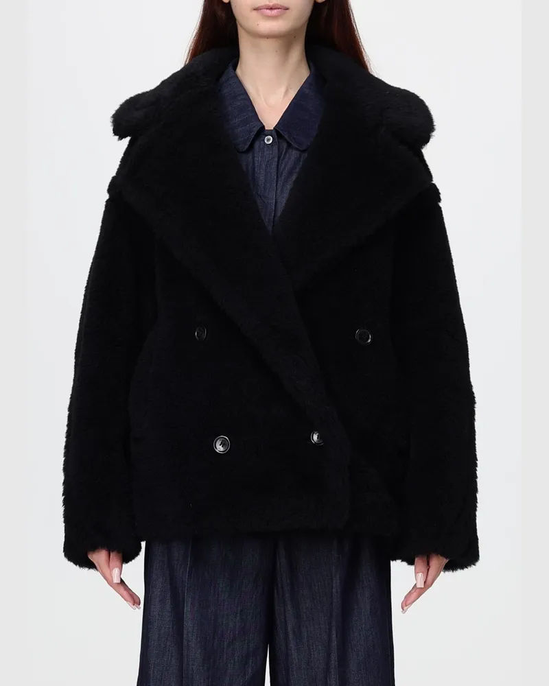 Max Mara Kurzer Zweireiher-Mantel aus Wollmischung in Pelzoptik Schwarz