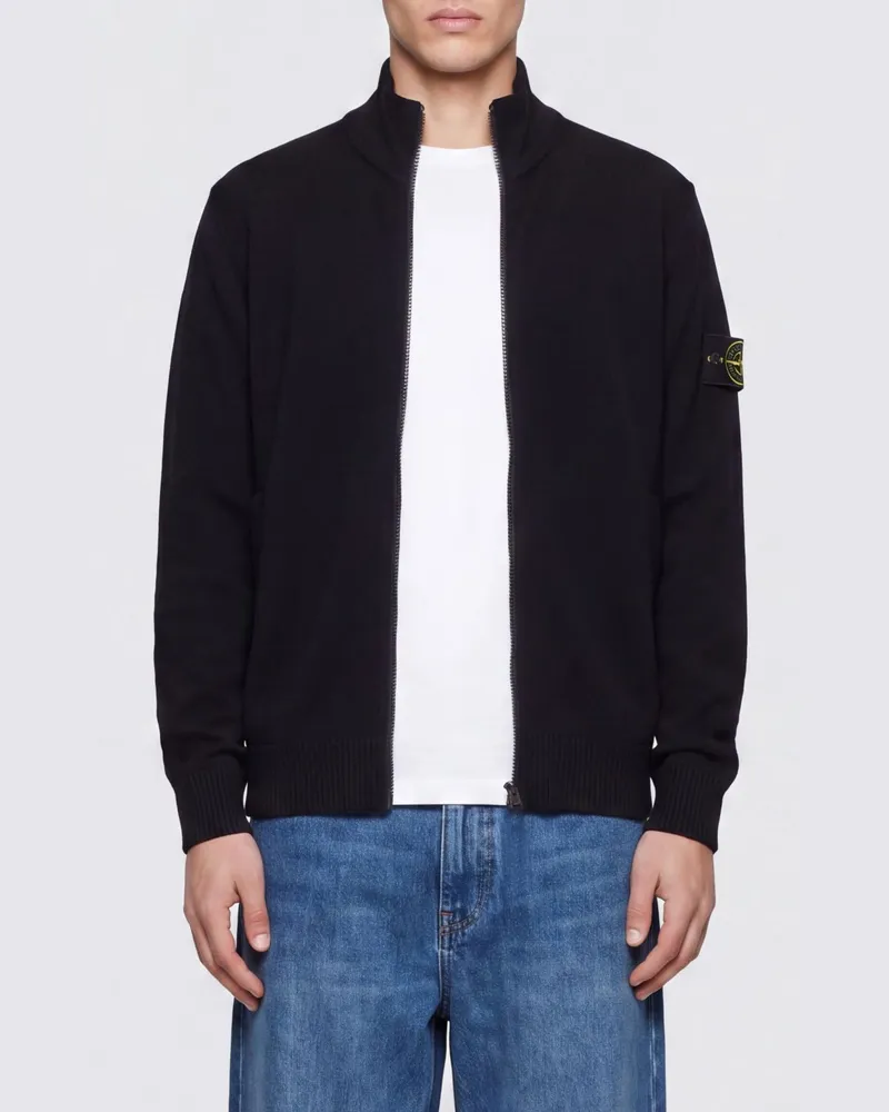 Stone Island Rollkragen-Cardigan aus Schurwolle mit Compass-Logo-Patch Schwarz