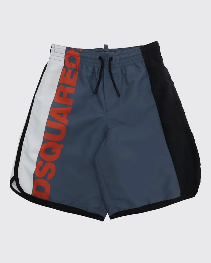 Dsquared2 Gestreifte Jungen-Badeshorts mit Logo und Kordelzug Grau