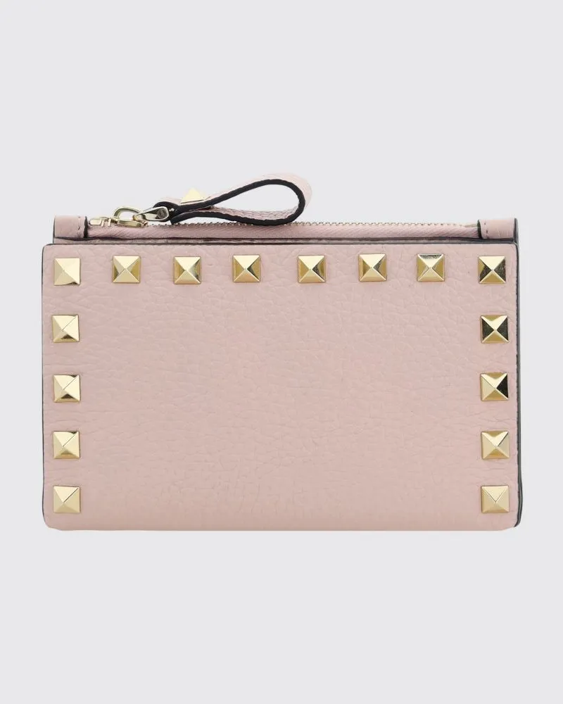 Valentino Garavani Bifold-Portemonnaie Rockstud aus genarbtem Kalbsleder mit Nieten Pink