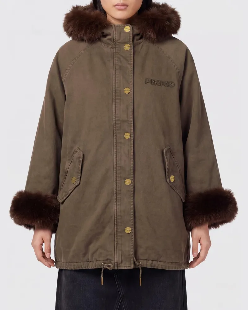 Pinko Kurzer Baumwoll-Parka mit Kapuze und Pelzdetails Braun