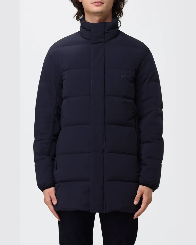 Emporio Armani Knielange, wasserabweisende Daunenjacke aus gestepptem Nylon Blau
