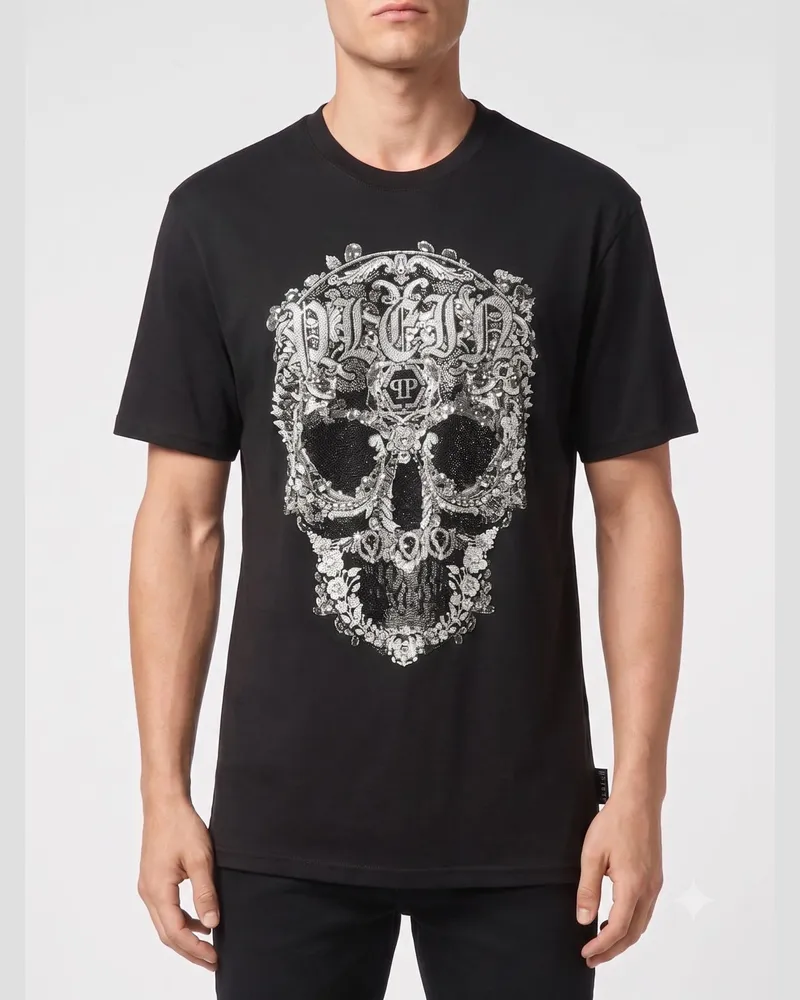 Philipp Plein Baumwoll-T-Shirt mit Skull-Print und applizierten Kristallen Schwarz