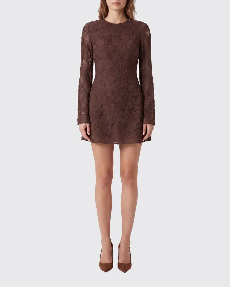 ROTATE Birger Christensen Geblümtes A-Linien-Minikleid aus Mesh mit langen Ärmeln Braun