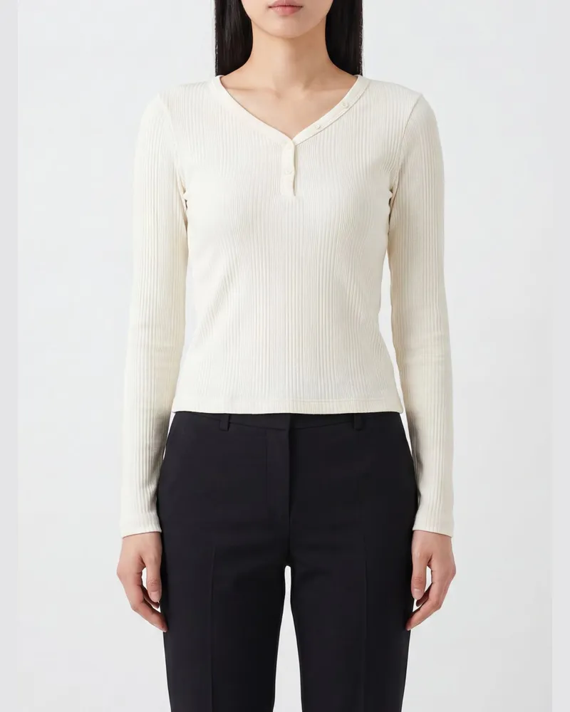 Calvin Klein Langarm-Top aus Stretch-Baumwolle mit V-Ausschnitt Kaffee