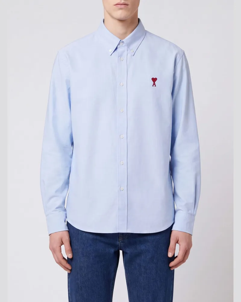 AMI Paris Button-Down-Hemd aus Baumwolle mit kontrastierendem gesticktem Logo Blau