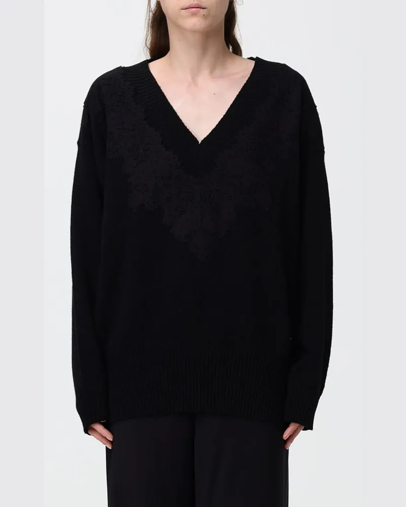 Alberta Ferretti V-Ausschnitt-Pullover mit Spitzeneinsätzen aus Kaschmir und Kamelhaar Schwarz