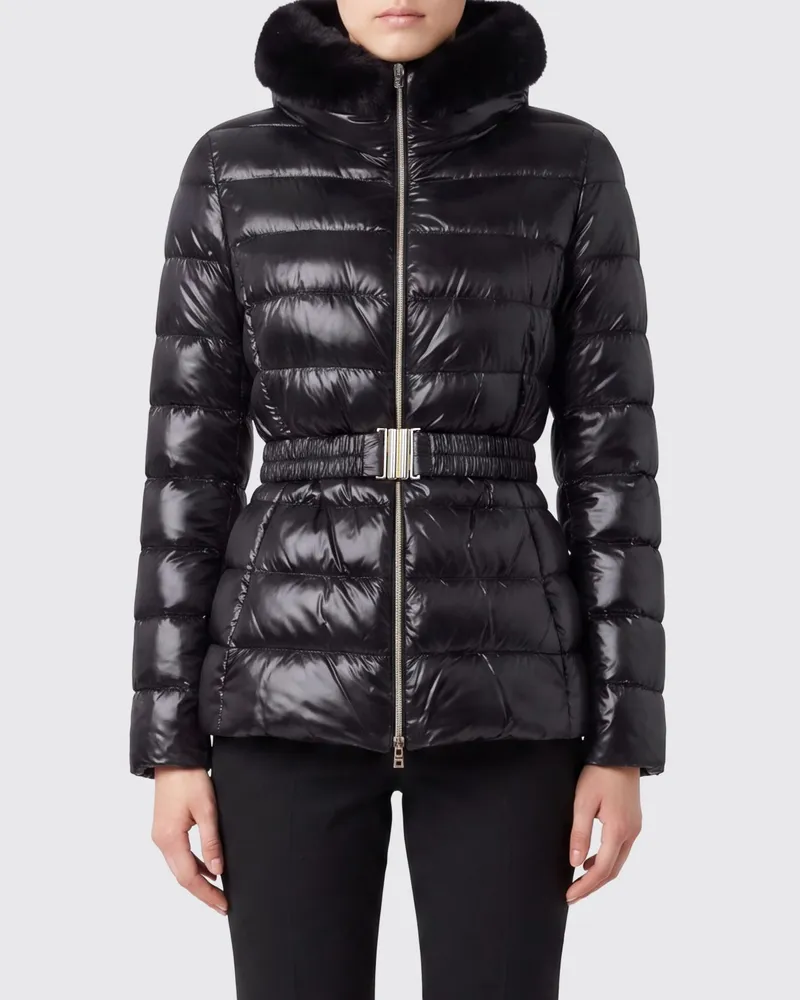 Herno Slim Fit Daunenjacke aus gestepptem Nylon mit Pelzkragen und Gürtel Schwarz