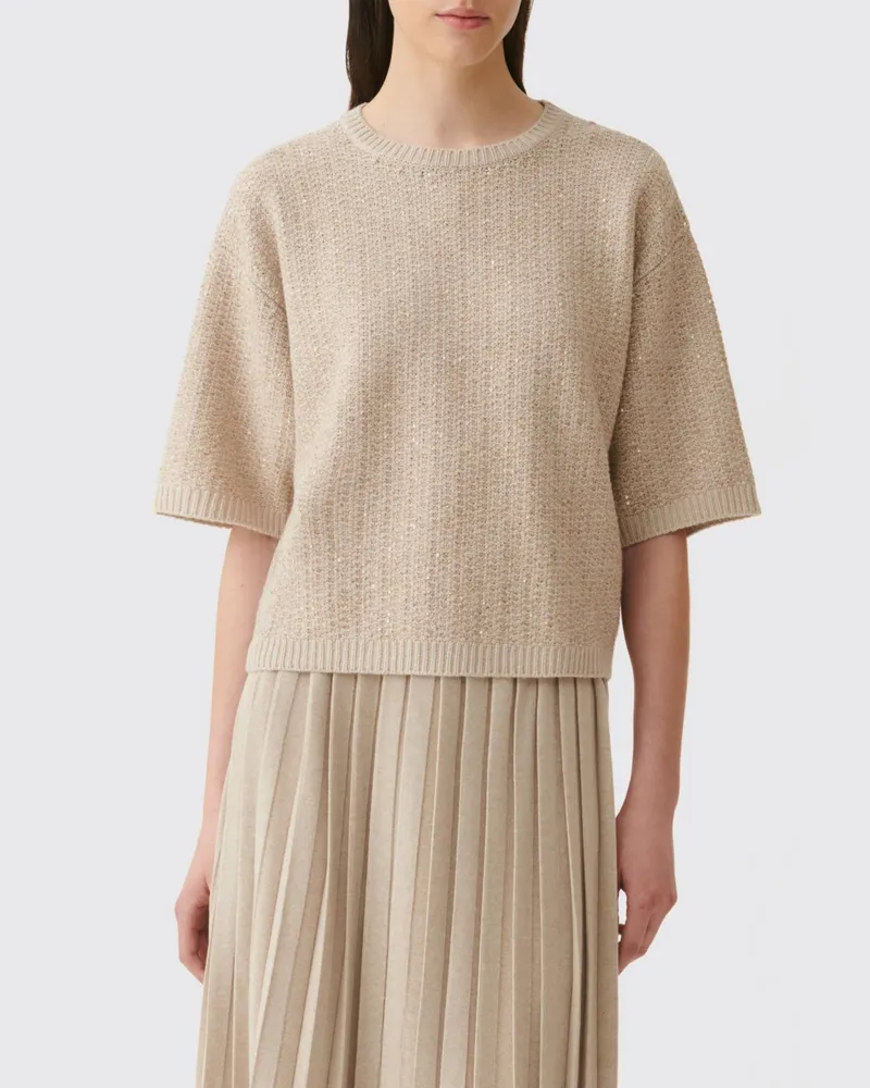 Fabiana Filippi Kurzarmpullover mit Rundhalsausschnitt aus Wolle, Seide und Kaschmir Beige