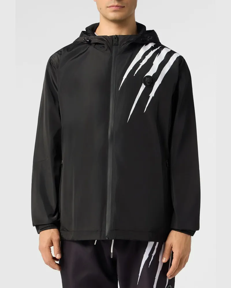 Philipp Plein Nylon-Windjacke mit Kapuze und kontrastierendem Logo auf der Rückseite Schwarz