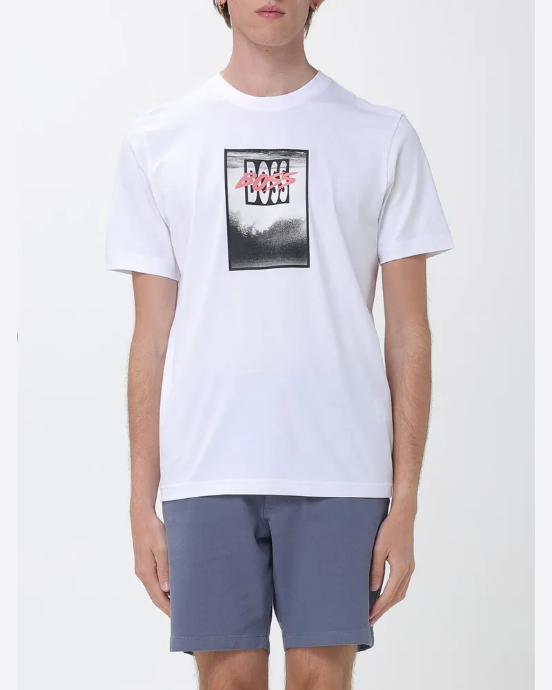 HUGO BOSS T-Shirt aus reiner Baumwolle mit Rundhals und Front-Logo-Print Weiß