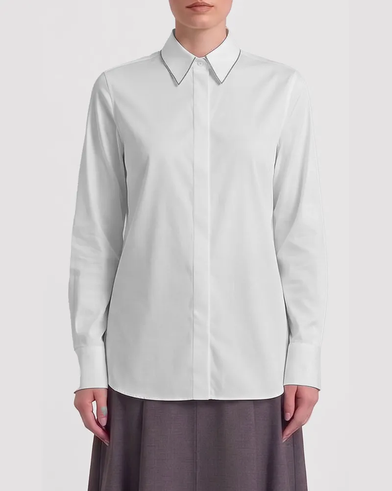 Brunello Cucinelli Slim-Fit-Hemd aus Baumwolle mit Monili-Stickerei und verdeckten Knöpfen Weiß