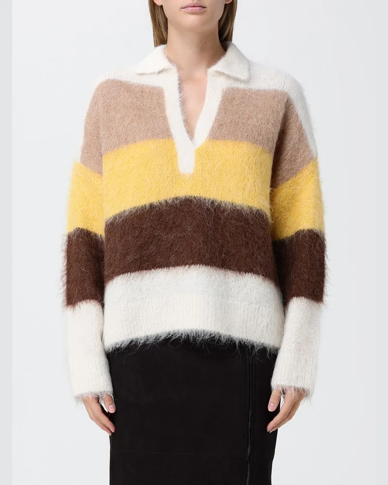 Pinko Gestreiftes Strickpolo aus Wollmischung mit langen Ärmeln und V-Ausschnitt Beige
