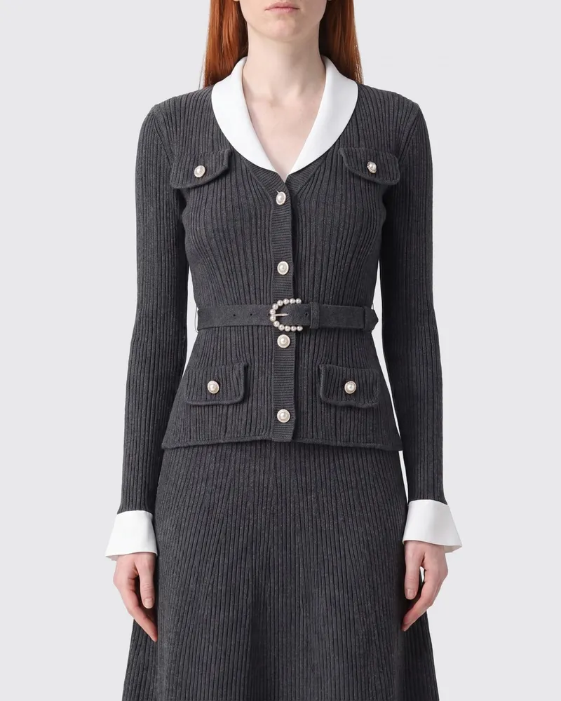 Self-Portrait Gerippter Cardigan aus Wollmischung mit Gürtel und Revers Grau