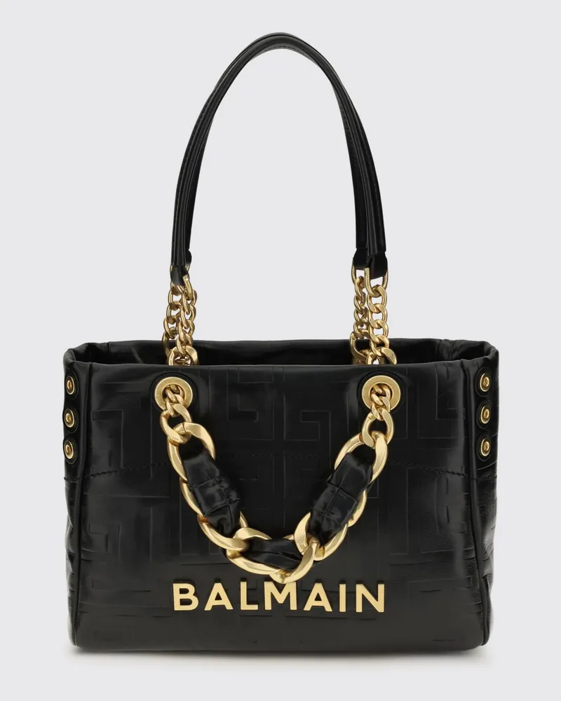 Balmain 1945 Soft Tote-Bag aus Kalbsleder mit PB Labyrinth-Monogramm Schwarz
