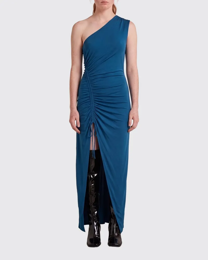 Balmain Asymmetrisches langes Abendkleid aus Stretch-Viskose mit Schlitz Blau