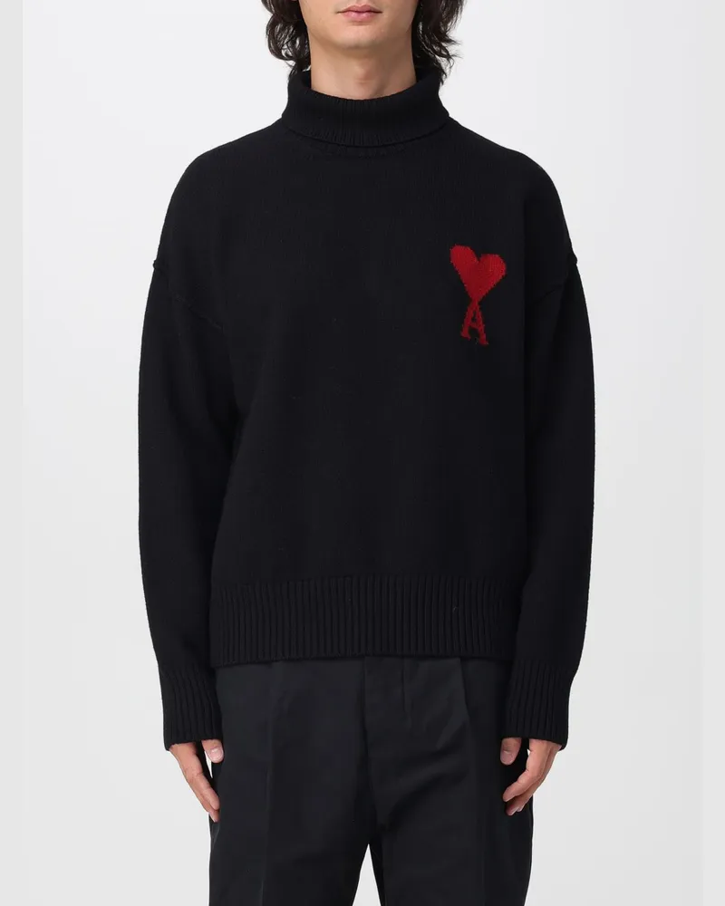 AMI Paris Rollkragenpullover aus Wolle mit Jacquard-Logo und überschnittenen Schultern Schwarz