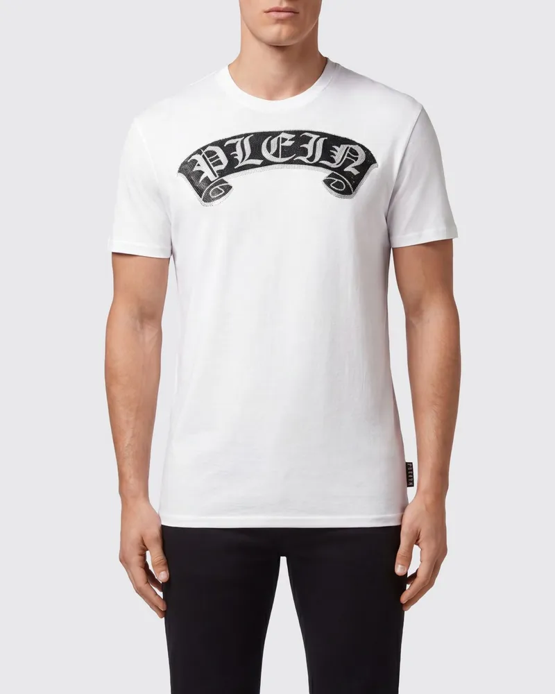 Philipp Plein Baumwoll-T-Shirt mit gesticktem Logo und Strass-Applikation Weiß