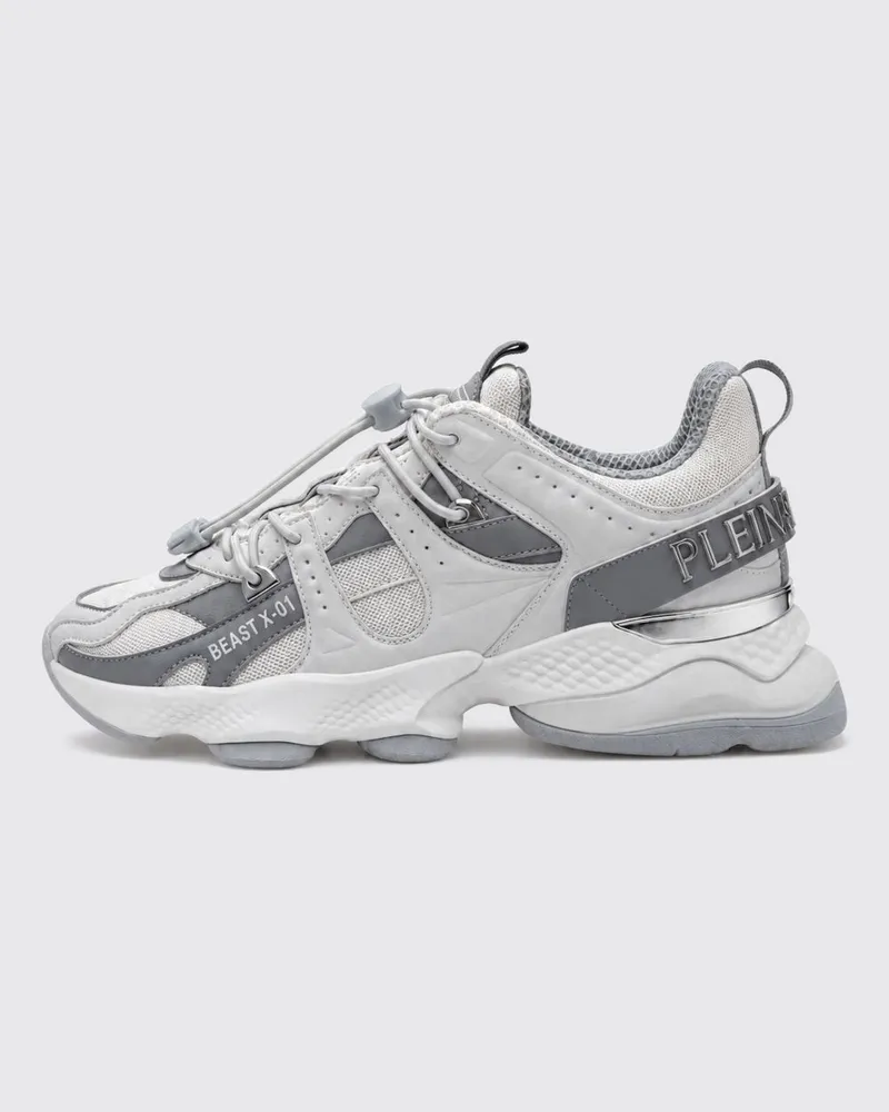 Philipp Plein Runner Beast X-01 Sneakers aus Leder und Mesh mit Kordelzug Grau
