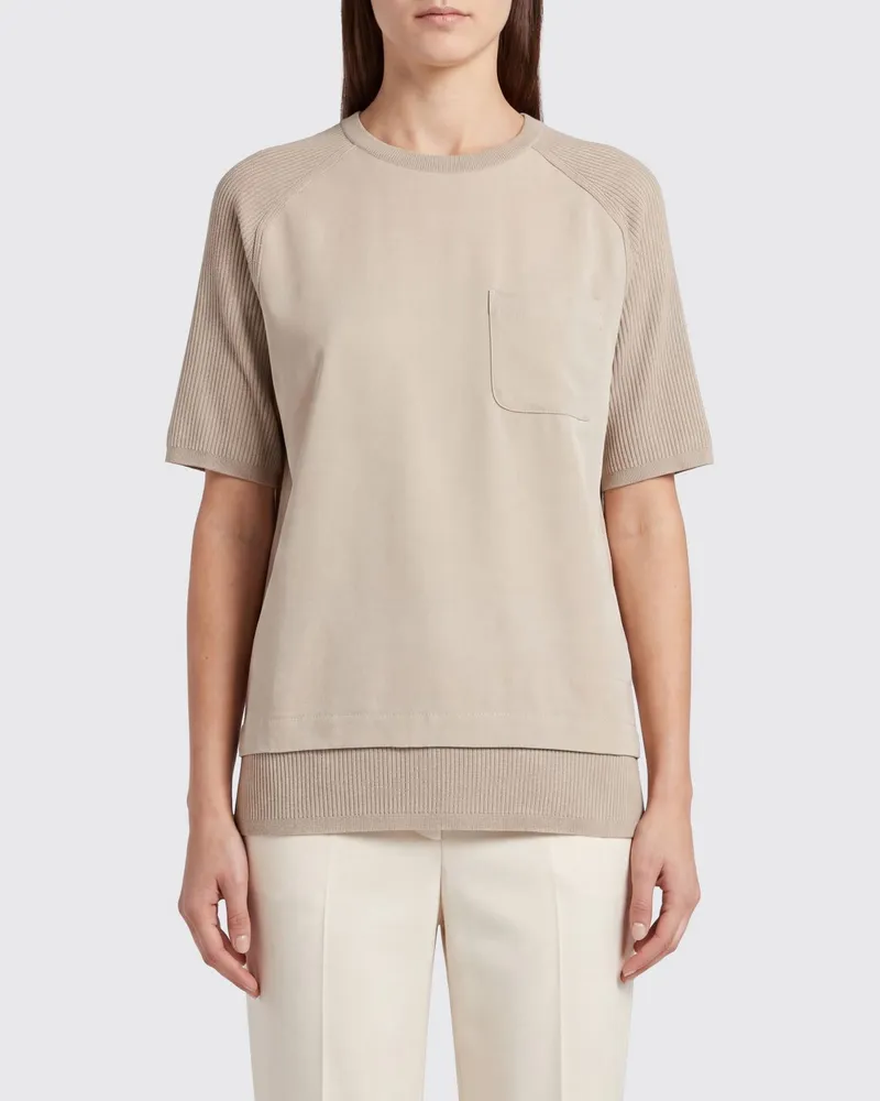 Max Mara Rundhals-T-Shirt aus Seide und Kaschmir mit aufgesetzter Tasche Grau