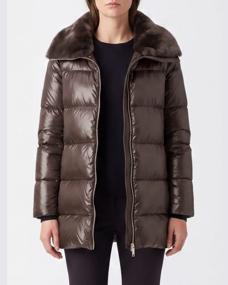 Herno Kurze Daunenjacke aus wasserabweisendem gestepptem Nylon mit Pelzkragen Braun
