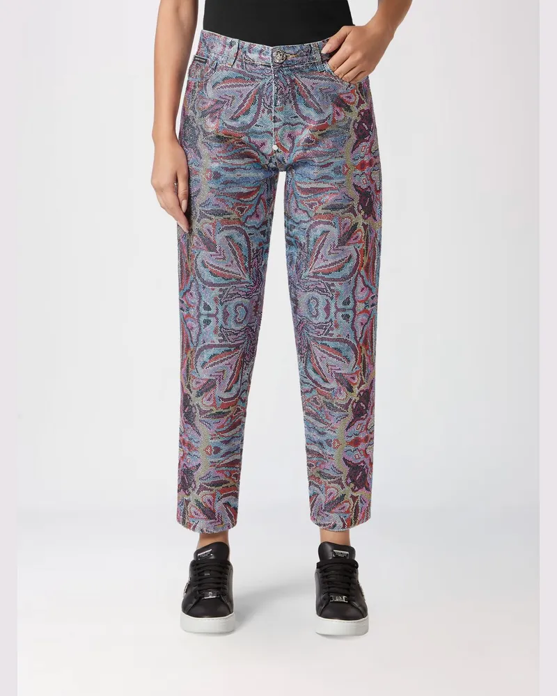 Philipp Plein Hoch taillierte Mom-Fit-Jeans mit abstraktem Druck und Strass Bunt