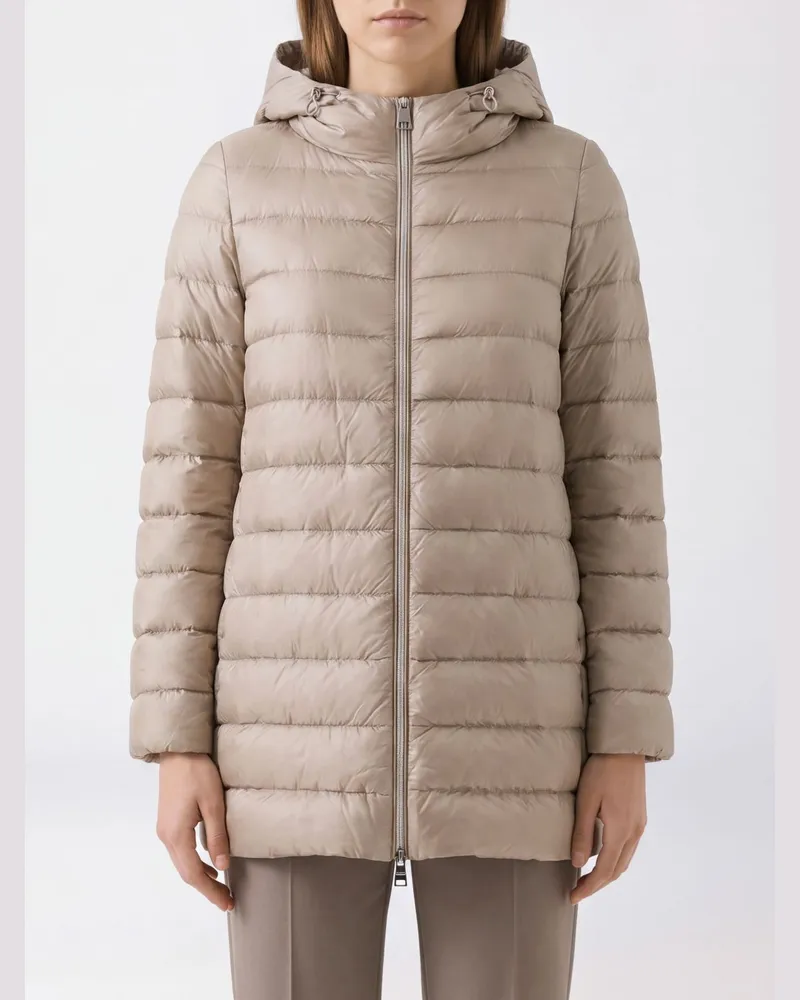 Herno Langer Daunenmantel aus gestepptem Nylon mit Kapuze und Daunenfüllung Cream