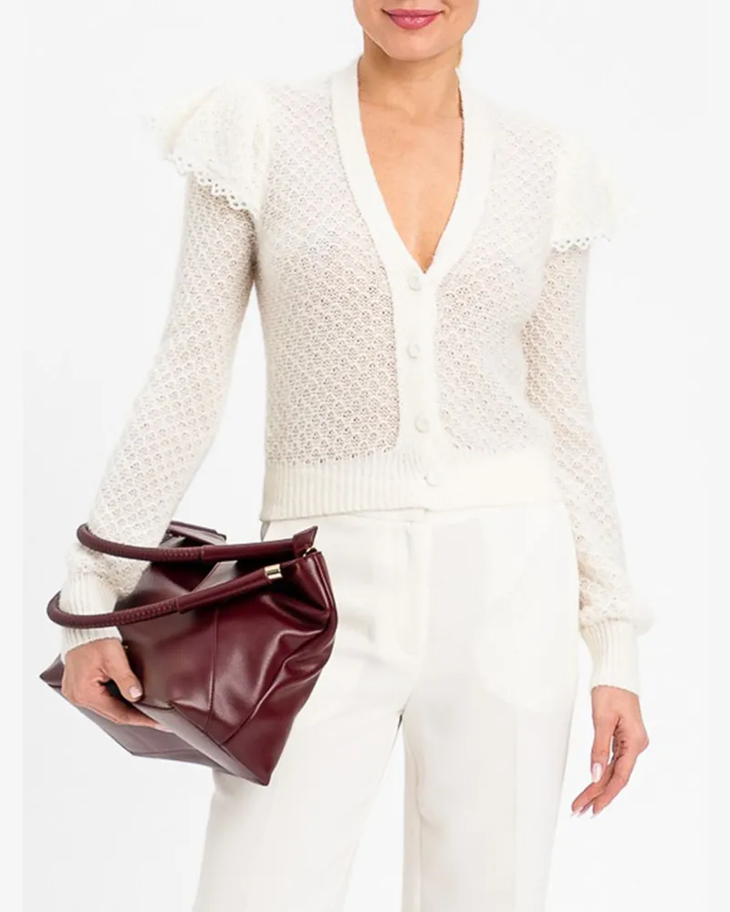 Twin-Set Cardigan aus Wollmischung mit V-Ausschnitt und Rüschenapplikationen Perle
