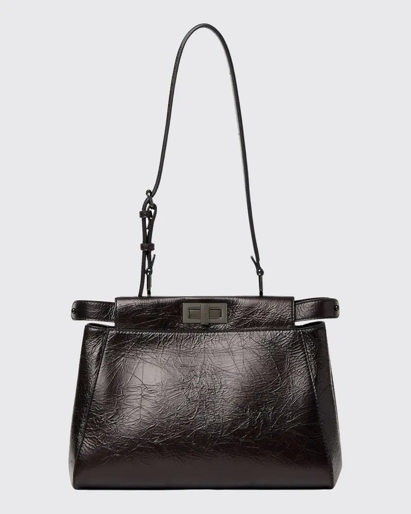 Fendi My Peekaboo® Schultertasche aus geknittertem Kalbsleder mit Drehverschluss Schwarz