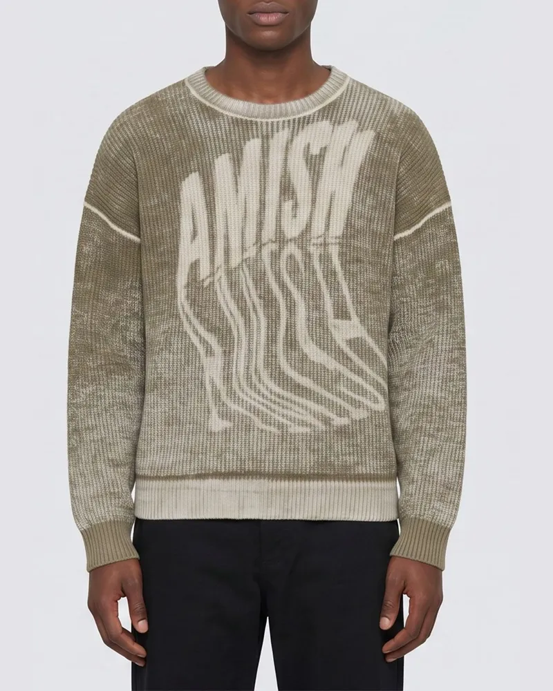 Amish Baumwoll-Rundhalspullover mit kontrastierendem Logo und langen Ärmeln Grün