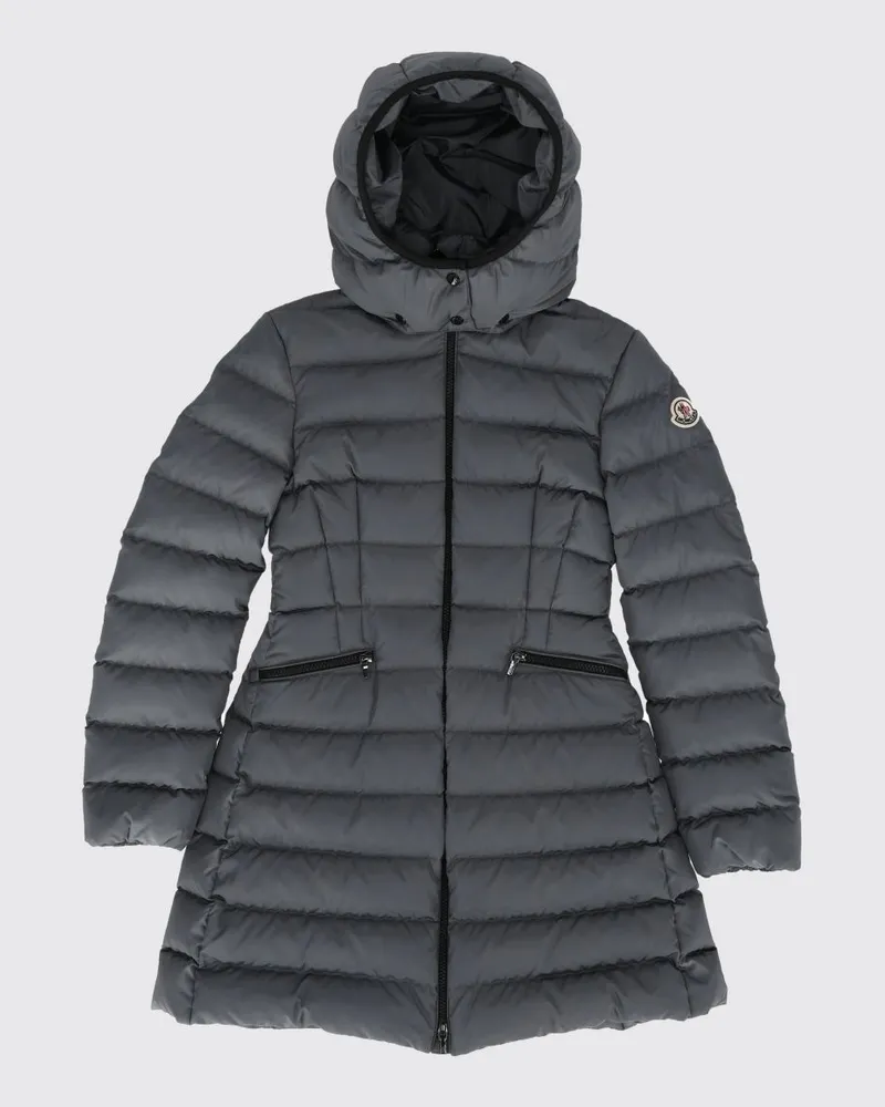 Moncler Lange Nylon-Daunenjacke Charpal für Mädchen mit Kapuze Grau