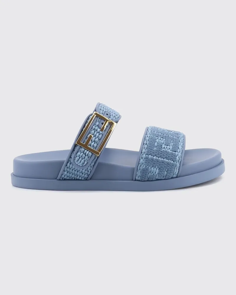 Fendi Feel Sandalen aus Raffia mit niedrigem Absatz und eingelegtem FF-Monogramm Denim