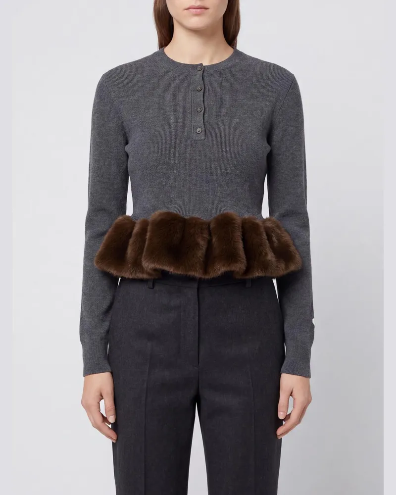 Stella McCartney Rundhalspullover aus Wollmischung mit Rüschendetail Grau