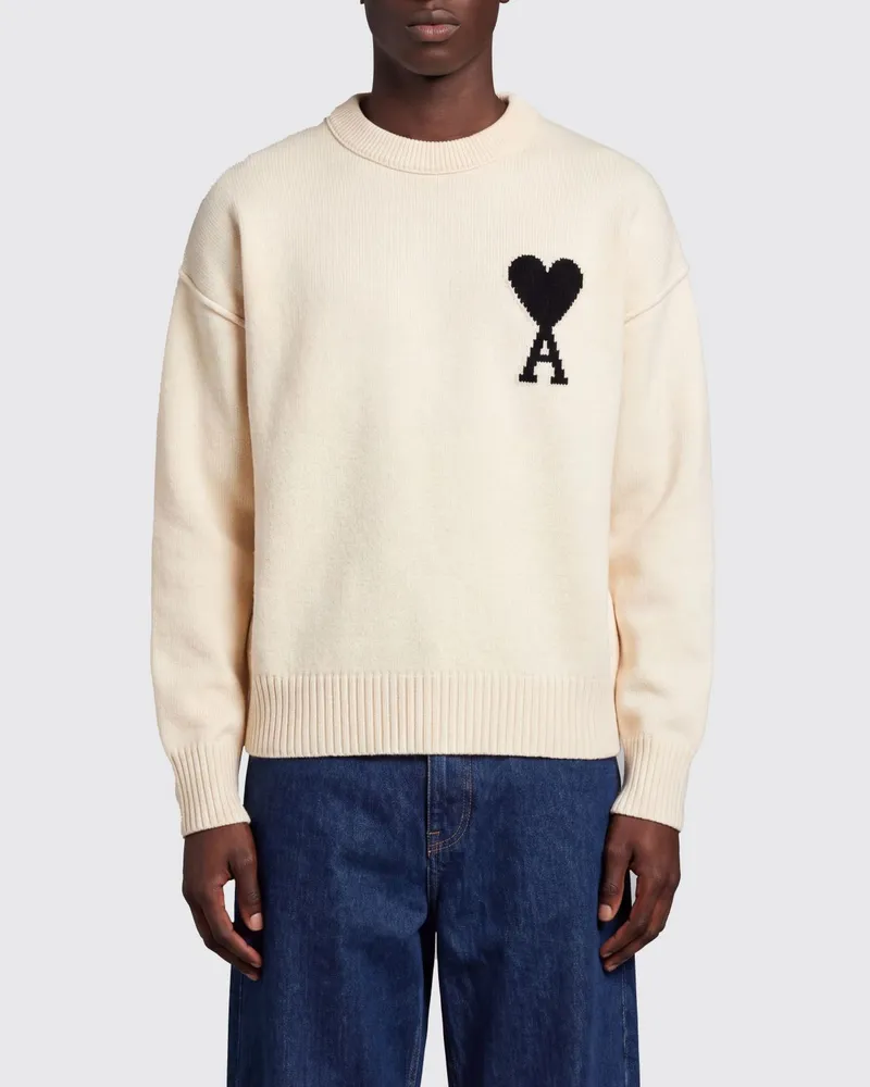 AMI Paris Wollpullover mit Rundhalsausschnitt von mit Kontrastlogo Schwarz