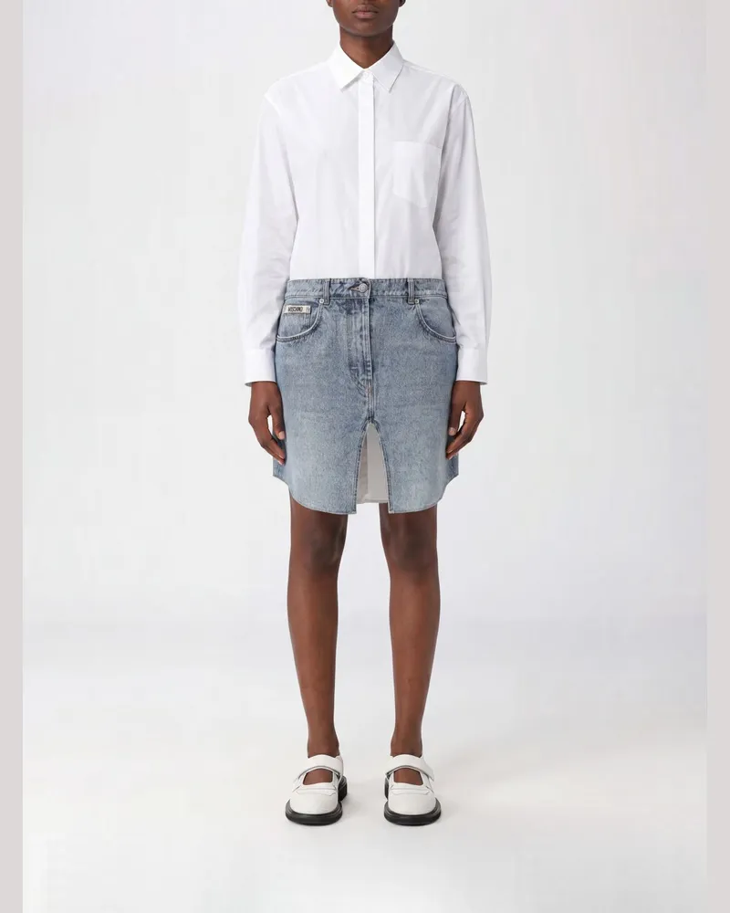 Moschino Zweifarbiges Denim-Mini-Hemdblusenkleid von mit langen Ärmeln Weiß