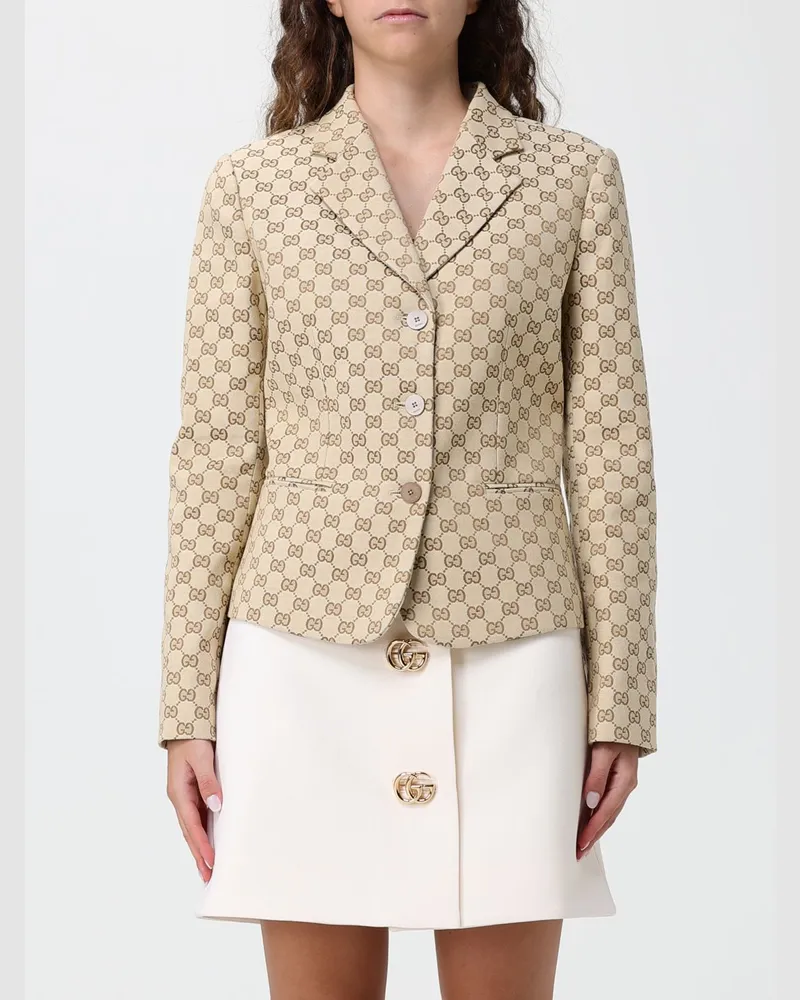 Gucci Kurzer einreihiger Blazer von aus Baumwolle mit GG-Monogramm-Muster Beige