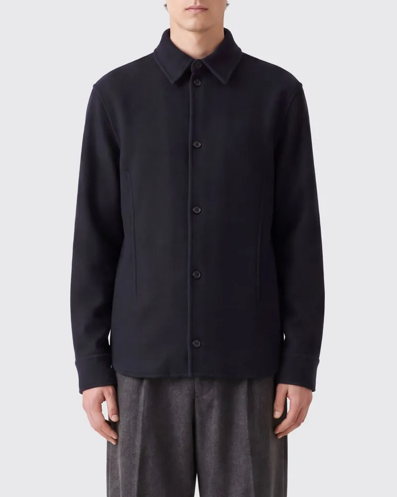 Jil Sander Hemdjacke aus reiner Wolle mit klassischem Kragen und abgerundetem Saum Blau