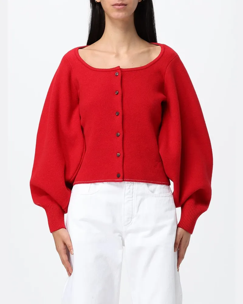 Jacquemus Slim Fit Cardigan aus Wolle und Kaschmir mit Puffärmeln Rot