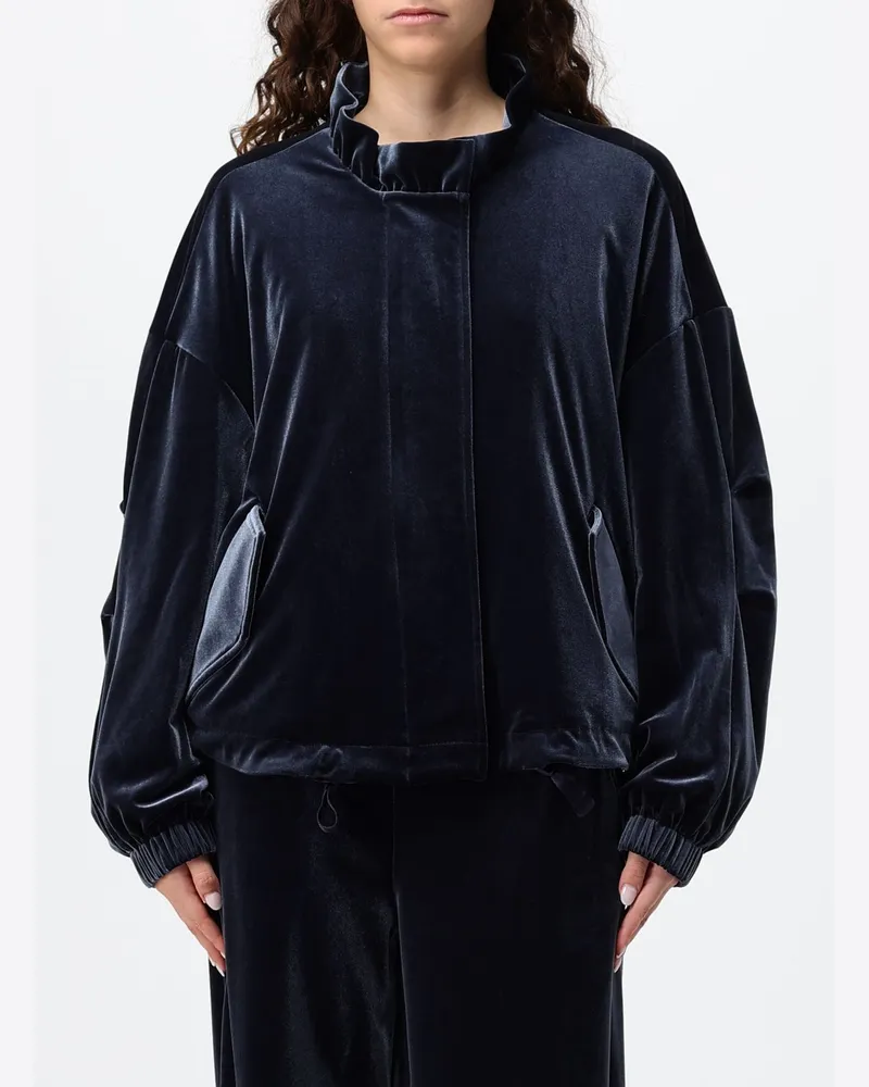 Emporio Armani Kurze Samt-Bomberjacke mit hohem Kragen und überschnittenen Schultern Blau