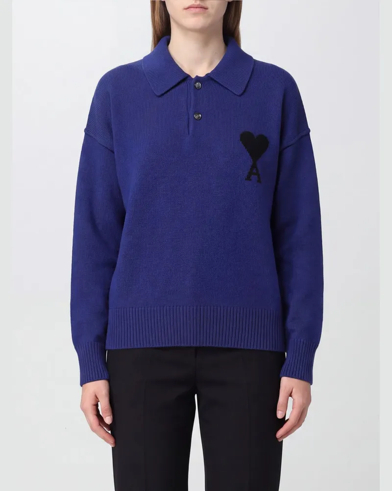 AMI Paris Langärmeliges Strick-Poloshirt aus Baumwolle mit Ami de Coeur-Logo Blau