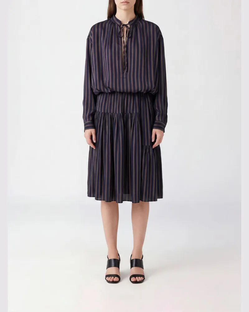 Dries van Noten Gestreiftes A-Linien-Midikleid aus Cupro mit Stehkragen Blau